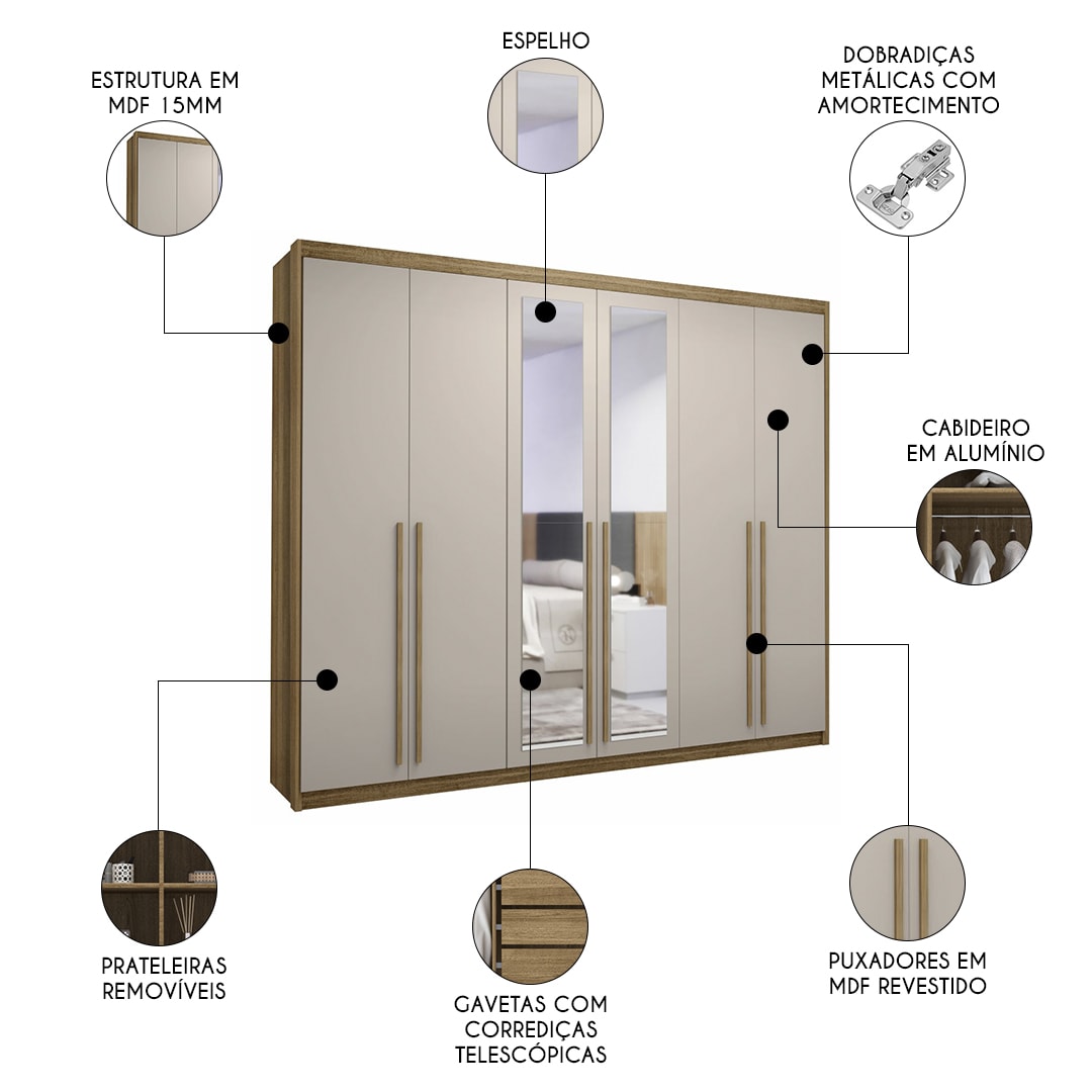 Guarda Roupa Casal 6 Gavetas Espelho Dubai Majestic Nature/Fendi Guarda Roupa Casal 6 Gavetas Espelho Dubai Majestic Nature/Fendi