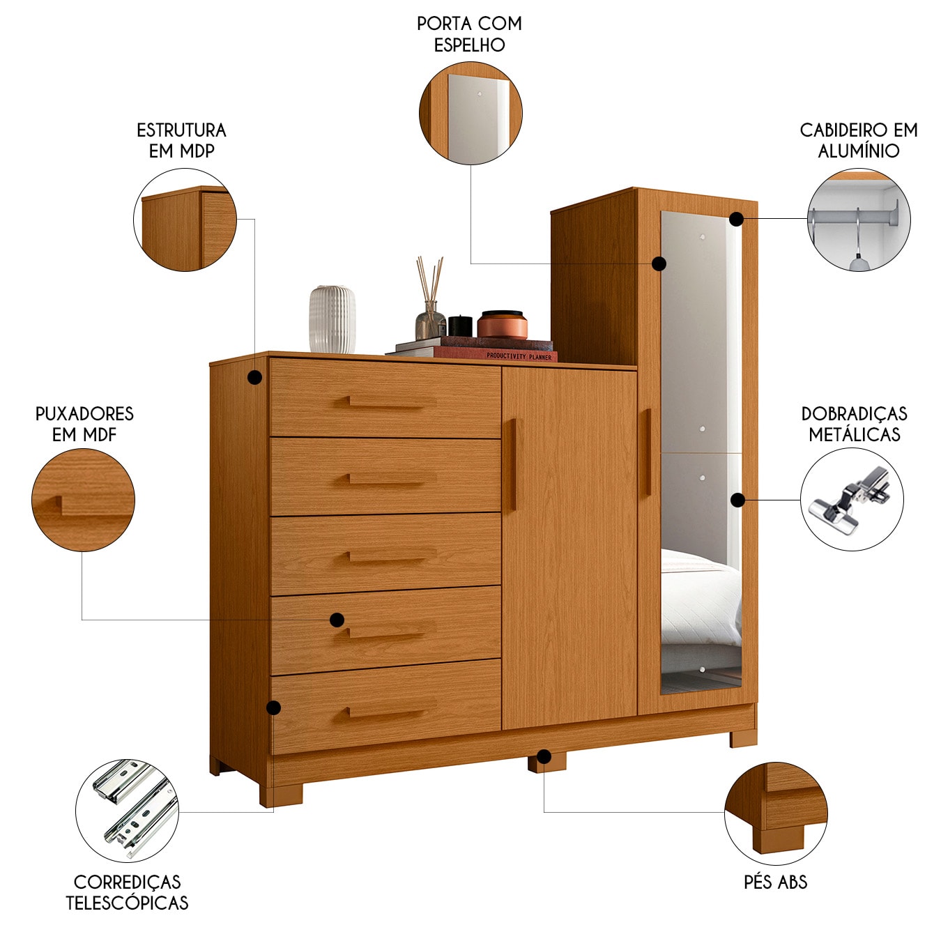 Guarda Roupa Cômoda com Espelho 158cm Suiça A02 Cinamomo - Mpozenato