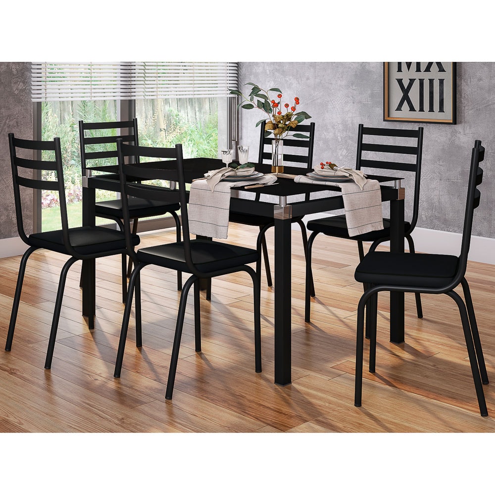 Jogo de Mesa Malva 140cm e 6 Cadeiras 118 Preto - Artefamol