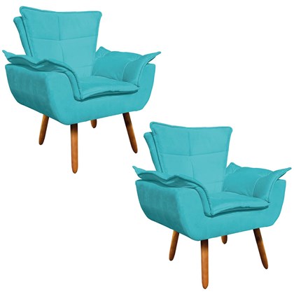 Kit 2 Poltronas Decorativas Sala de Estar Pés Palito Opla Suede Azul Tiffany- Ibiza