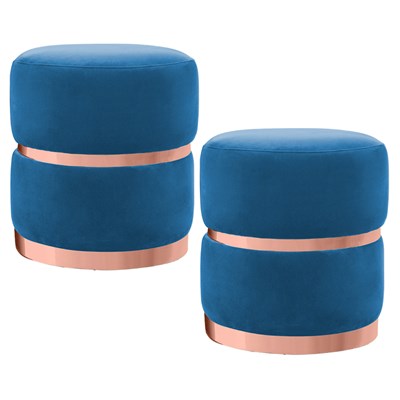 Kit 2 Puffs Decorativos Cinto e Aro Rosê Round B-170 Veludo Azul - Domi