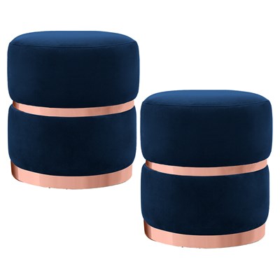 Kit 2 Puffs Decorativos Cinto e Aro Rosê Round B-304 Veludo Azul Marinho - Domi