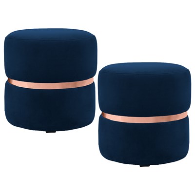 Kit 2 Puffs Decorativos Com Cinto Rosê Round B-304 Veludo Azul Marinho - Domi
