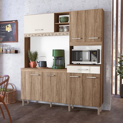 Kit Cozinha Compacta Yara 160cm 7 Portas com Aplique Carvalho Rústico/Off White - Nicioli