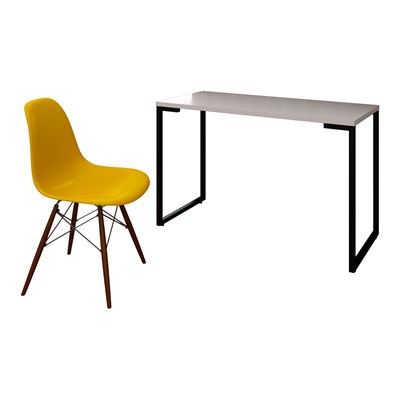 Mesa Escrivaninha Fit 120cm Branco e Cadeira Charles FT1 Amarela - Mpozenato
