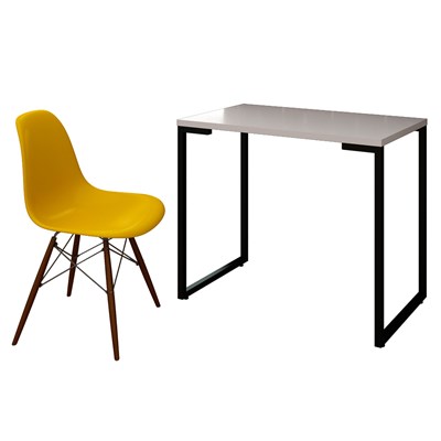 Mesa Escrivaninha Fit 90cm Branco e Cadeira Charles FT1 Amarela - Mpozenato