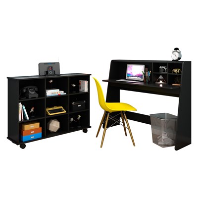 Mesa Escrivaninha Idealle Nicho Multiuso Toys Preto e Cadeira Charles C12 Amarela - Mpozenato