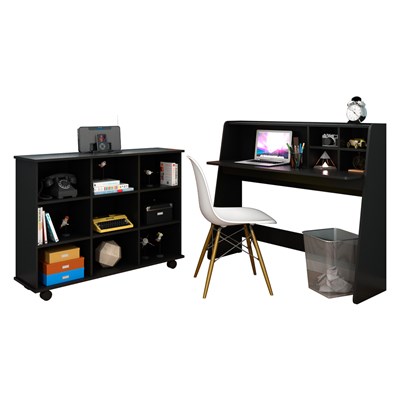 Mesa Escrivaninha Idealle Nicho Multiuso Toys Preto e Cadeira Charles C12 Branca - Mpozenato