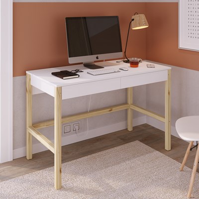 Mesa Para Computador Escrivaninha 2 Gavetas Solution Branco/Madeira Natural - Artesano