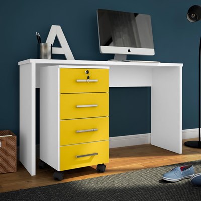 Mesa Para Computador Escrivaninha com Gaveteiro Gávea Branco/Amarelo - Móveis Leão