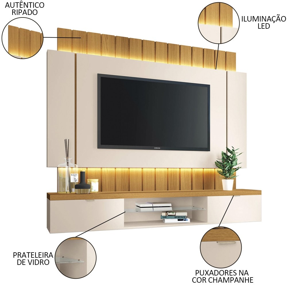 Painel TV 55 Pol 180cm Bancada Suspensa Illusion Off/Cinamomo - HB Móveis