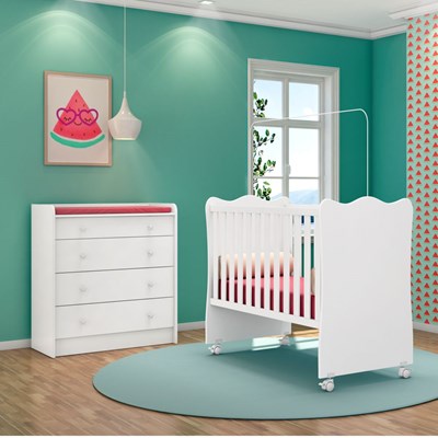 Quarto de Bebê Cômoda 4 Gavetas Certificado pelo Inmetro Doce Sonho e Berço Simples Branco - Qmovi