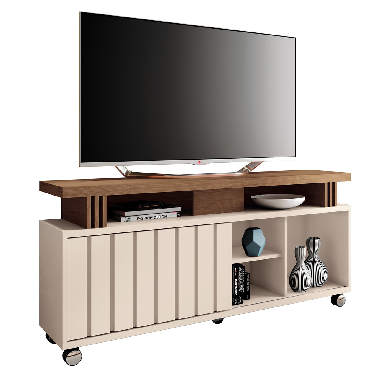 Rack Bancada de TV 50 Pol 136cm Briz Castanho/Off White - HB Móveis