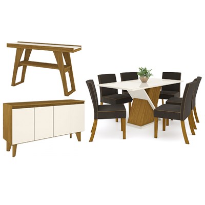 Sala de Jantar Completa Mesa 6 Cadeiras com Buffet e Aparador Solus Nature/Off White/Marrom - Henn