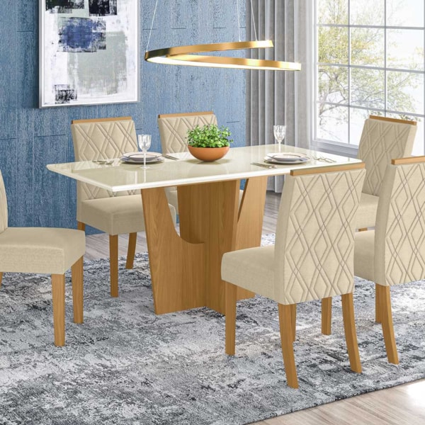 Conjunto Mesa de Jantar Solus Retangular e 6 Cadeiras Vita Henn -  Nature/Linho