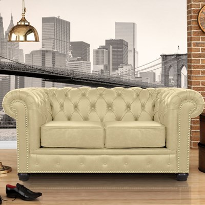 Sofá 2 Lugares 180cm Chesterfield Couro Bege - Mempra