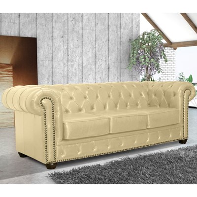 Sofá 3 Lugares 235cm Chesterfield Couro Bege - Mempra