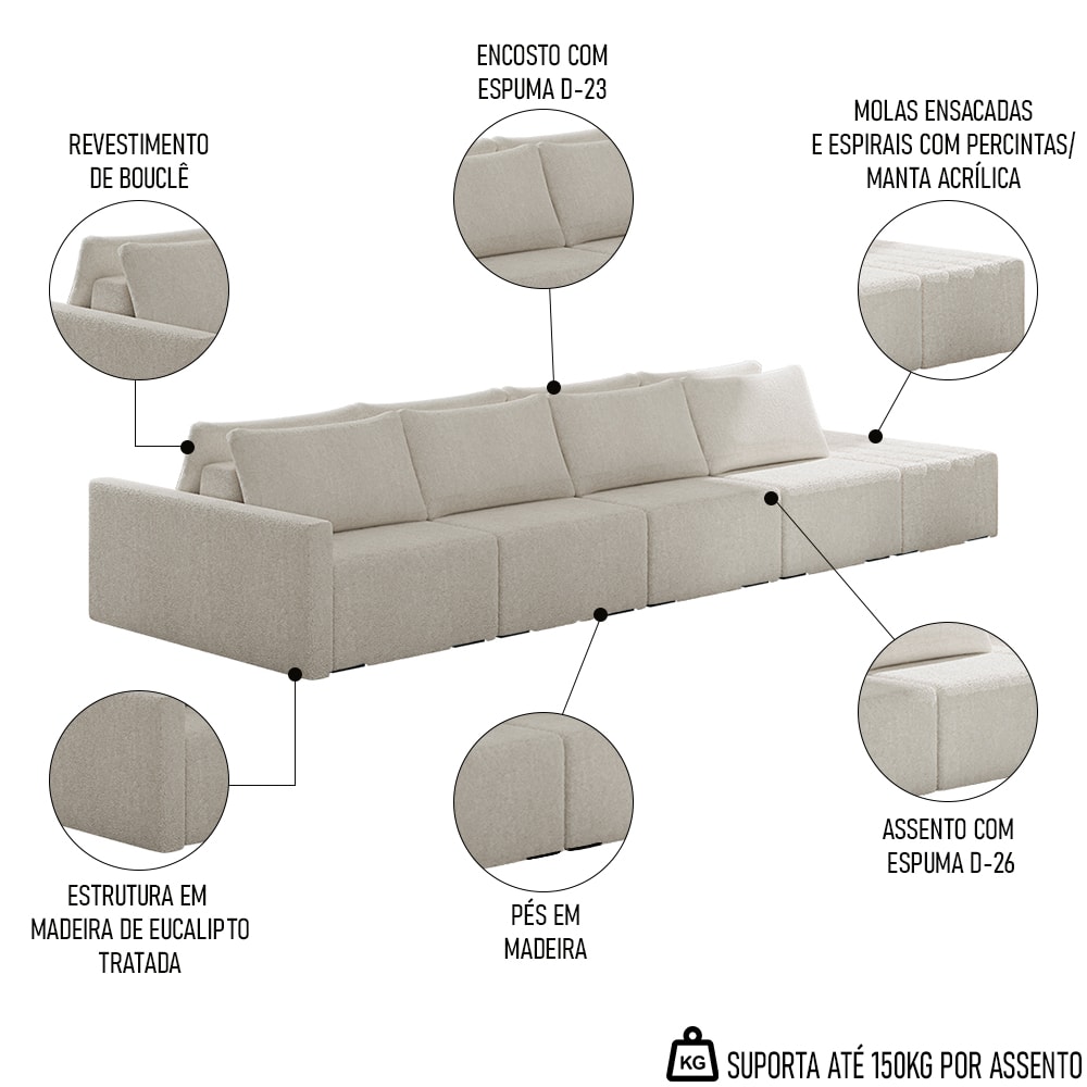 Sofá Ilha Modular Com Puff Para Sala Living 432cm Georgia K04 Bouclê Bege Mpozenato 2811