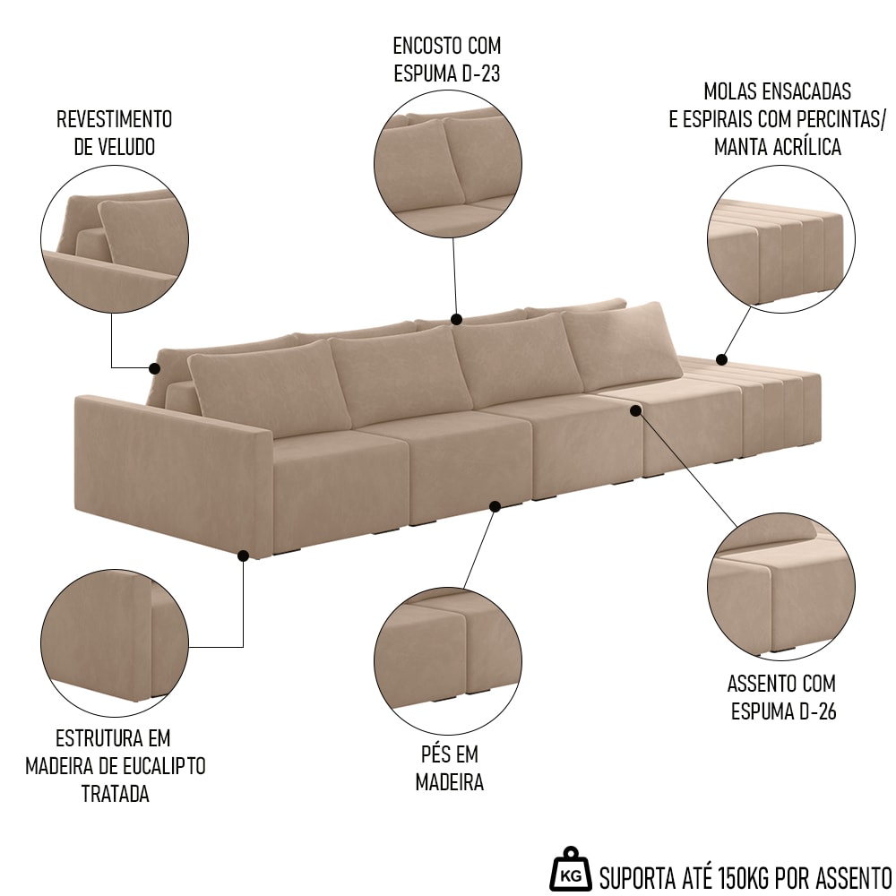 Sofá Ilha Modular com Puff para Sala Living 432cm Georgia Z08